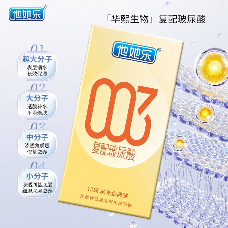 他她樂水光金典裝避孕套12只｜華熙生物復(fù)配玻尿酸，四重分子層層滋養(yǎng)，順滑如水不黏不膩男用安全套